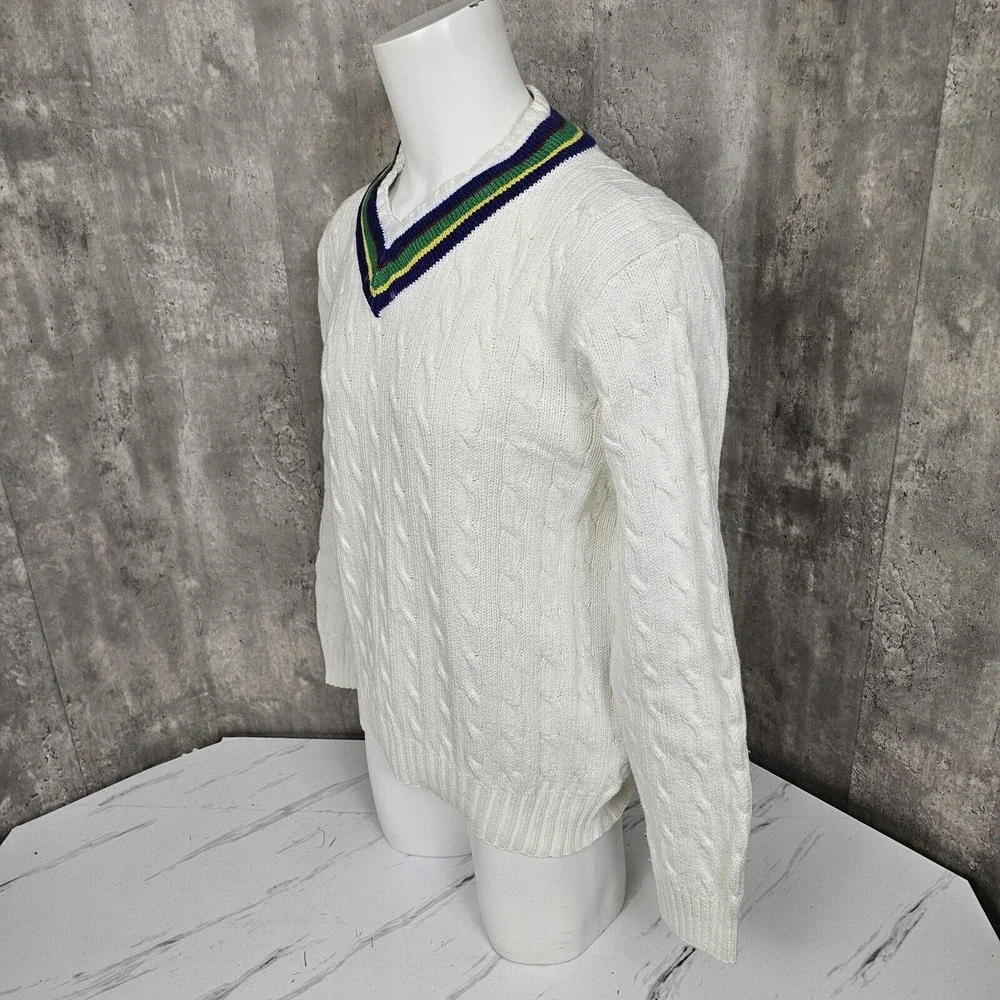 Vintage 90s Polo‎ Ralph Lauren Mens 2XL Vneck White Chunky Knit Cricket Sweater